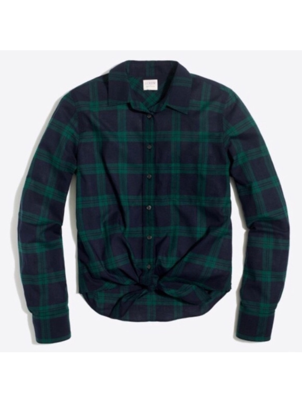 J. Crew Navy and Green Blackwatch Plaid Tie-Hem Button-Down Shirt